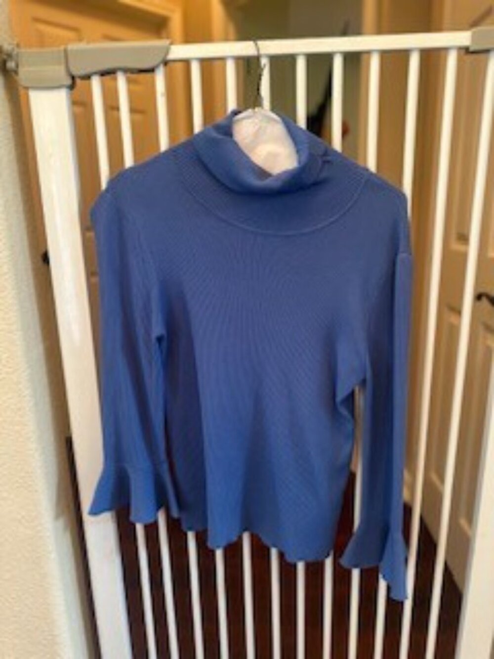 Allegra K Blue Ribbed Bell Sleeve Turtleneck Sweater Size M